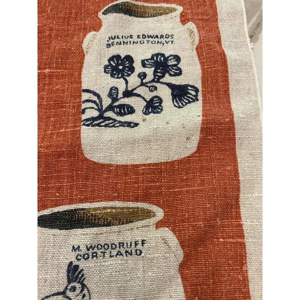 Vintage Early American Stoneware Linen Kitchen Tea Towel Rust Orange Jars Crocks